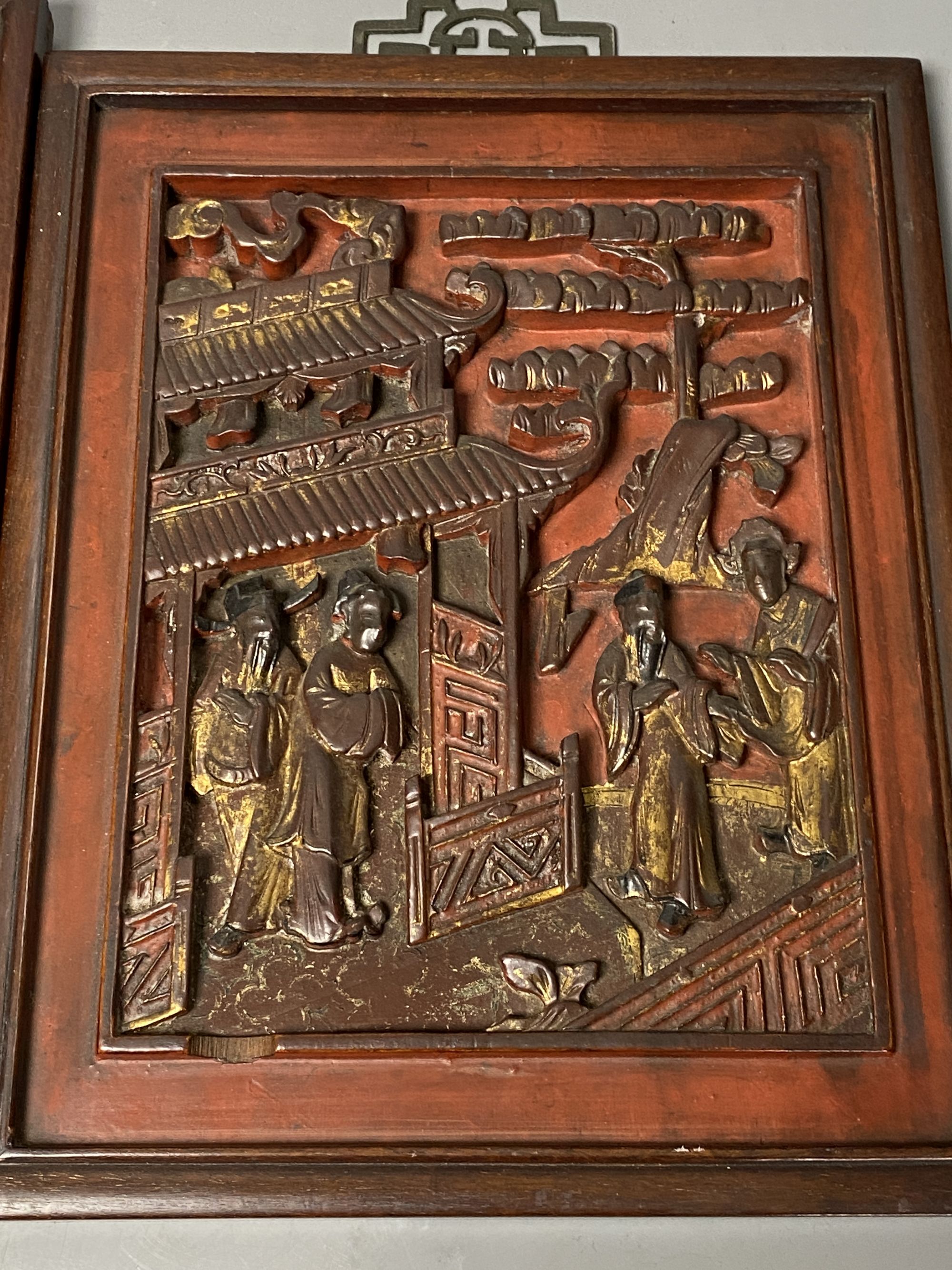 Two Chinese lacquered wood panels, late Qing dynasty